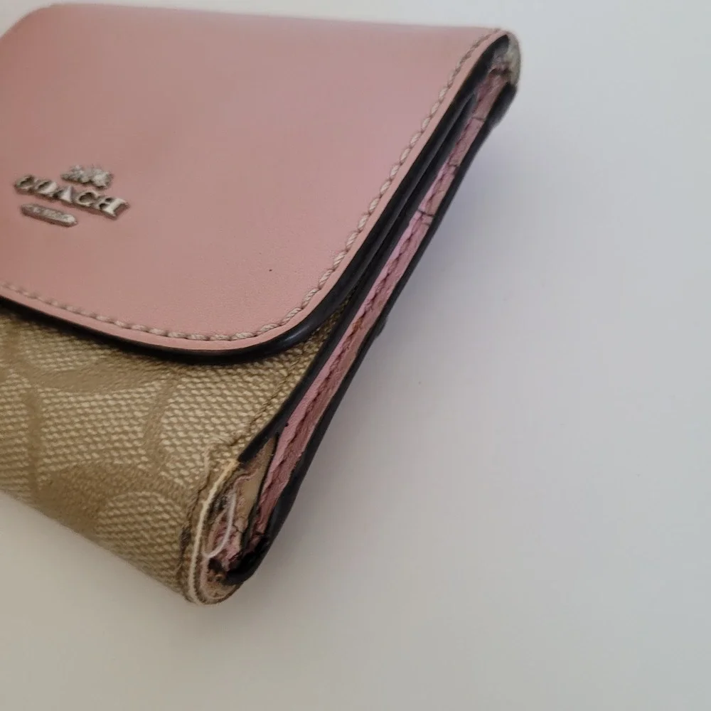 Coach Small Trifold Wallet Pink Khaki Signature Canvas Leather Trim